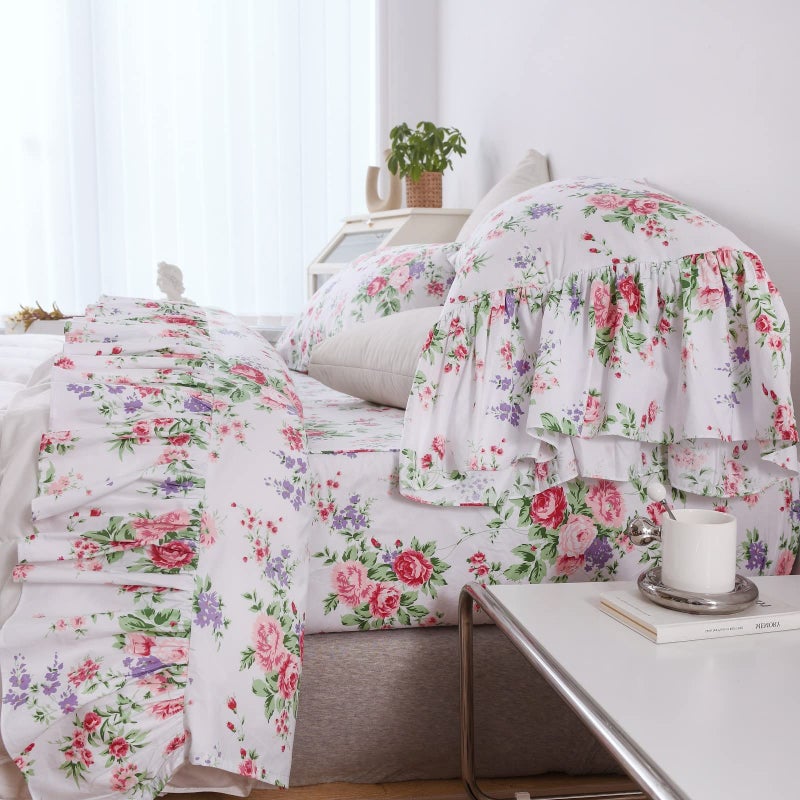QSH Queen's House Romantic Roses Floral Bed Sheet Sets 4-Piece Shabby Vintage Chic Bedding French Country Ruffle Sheets Deep Pocket Set Queen Size-Style L - Image 1